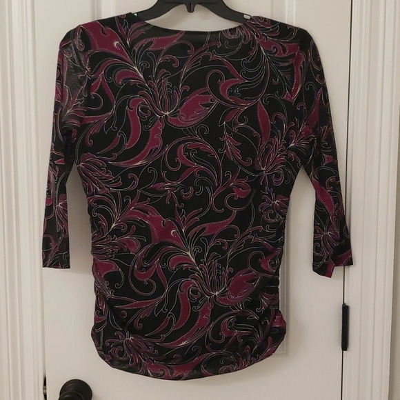 Inc Mesh Crossover Ruched Paisley Top Purple Black Silver - Picture 3 of 11